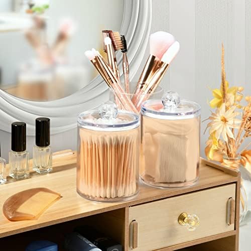 SHJI Peach Puff Qtip Holder Organizer Dispenser Cotton Swabs Cans Plastic Jars with Lid Set 4 Pack Bathroom Storage Canister for Cotton Ball Floss Cotton Pads