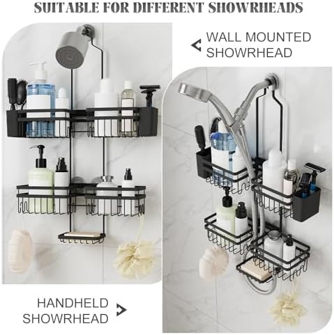 Shower Caddy Hanging for Bathroom Organizers and Storage - 3-Tier Adjustable Anti-Swing Shower Organizer Hanging with Heavy-Duty Suction Cups, Damage-Free Rustproof (Black)