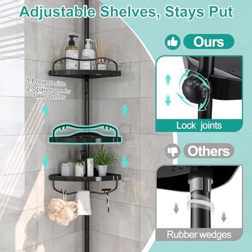 Lilyvane Corner Shower Caddy: Rustproof 125" Tension Inside Shower Organizer, Adjustable Bathroom Organizer Shelves for Bathtub Shampoo Conditioner Storage, Floor to Ceiling Standing Caddy