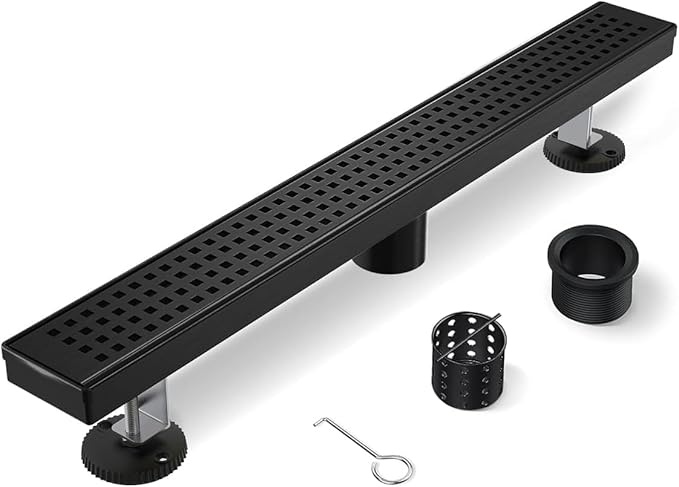 Linear Shower Drain, 54 Inch Black Shower Drain with Removable Square Hole Cover Grate, Modern 304 Stainless Steel Matte Black Shower Floor Drain with Adjustable Feet,Hair Filter