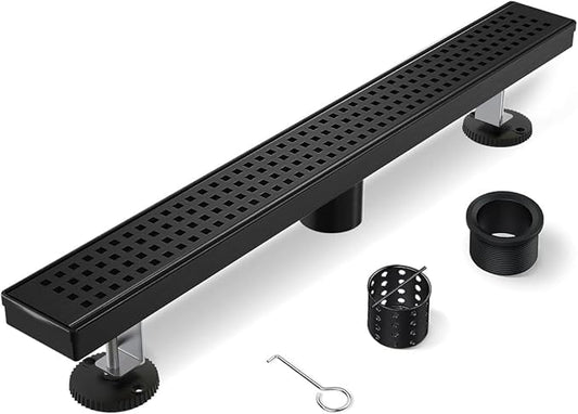 Linear Shower Drain, 54 Inch Black Shower Drain with Removable Square Hole Cover Grate, Modern 304 Stainless Steel Matte Black Shower Floor Drain with Adjustable Feet,Hair Filter