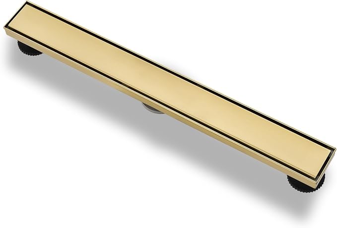 Linear Shower Drain ，with Tile Insert Panels ，18 Inch Brushed Gold 304 Stainless Steel Rectangle Shower Floor Drain，with Hair Catcher, Adjustable Feet