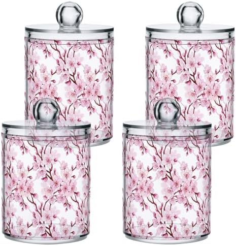 MNSRUU 4 Pack Qtip Holder Organizer Dispenser Pink Cherry Tree Bathroom Containers Bathroom Vanity Storage Canister Apothecary Jars for Cotton Swabs/Pads/Floss
