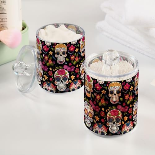 4 Pack Sugar Skulls with Flowers Qtip Holder Dispenser 10 Oz Apothecary Jars Bathroom Storage Containers for Cotton Pads, Cotton Ball, Cotton Swabs, Floss Picks
