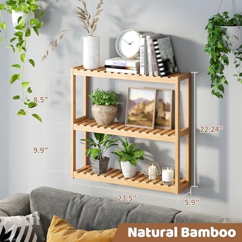 Bamboo Organizer Rack - Adjustable 3-Tier Storage Shelf, Wall Mounted or Over The Toilet, Living Room, Kitchen (Natural)