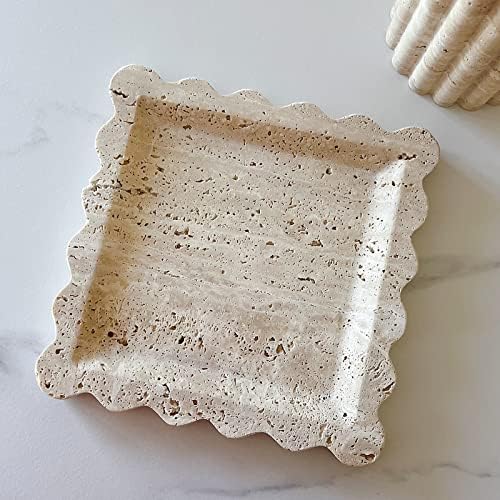 Vintage Natural Marble Tray Small Ornaments Scalloped Tray Handmade Storage Dish for Counter, Vanity, Dresser, Nightstand and Desk (Beige Travertine)