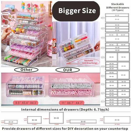 Cq acrylic 1 Pack Clear Acrylic Drawer Organizer Countertop,Stackable 6 Drawers Makeup Storage,Cute Cube Make Up Organizer for Dresser Hair Clip,Beauty Product Desk and Bathroom Organizers and Storage