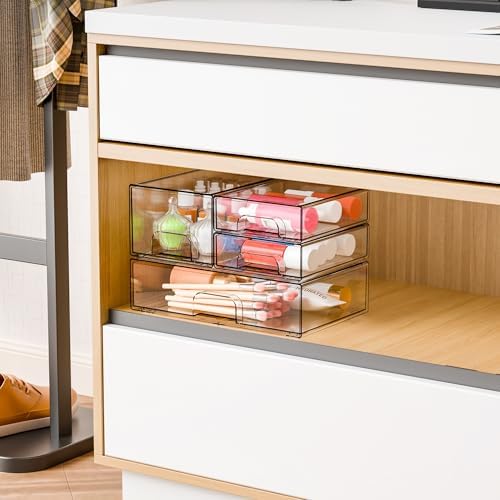Yieach 4 Pack Clear Stackable Storage Drawers,Acrylic Drawer Organizer for Medicine,Palettes,Hair Accessories and Makeup Organizer,Plastic Drawers for Cabinet,Office,Desk,Bathroom Storage Containers