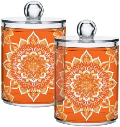 Orange Mandala Qtip Holder 4 Pack - 10 Oz Clear Plastic Apothecary Jar Set for Bathroom Organization - Versatile Canister Storage for Cotton Balls, Swabs, Rounds