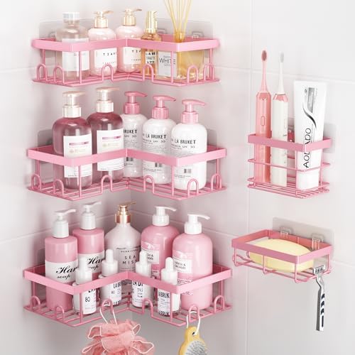 Liuoud Corner Shower Caddy, 5 Pack Adhesive Stainless Steel Organizer, Pink