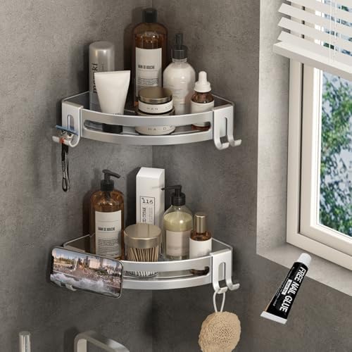 VOLPONE Corner Shower Caddy with Razor Holder Adhesive Shower Shelf Corner No Drilling Bathroom Corner Shower Organizer Storage Rack Shampoo Holder Wall Mount (2-Pack, Silver)
