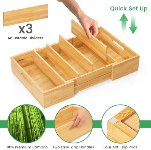 Kiasthome Expandable Bamboo Lid Organizers Inside Cabinet, Kitchen Cabinet Organizers with 3 Adjustable Dividers, Storage Plastic Lids, Food Container Lid Holder Organizer for Drawer Pantry, Nature