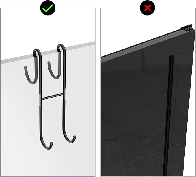 Over Shower Glass Door Hook, 2 Pack Black Stainless Steel Extended Shower Door Hooks, Bathroom Frameless Drilling-Free Hanger, Double Side Towel Hooks