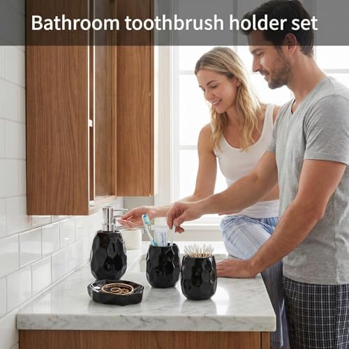 Ceramic Bathroom Accessories Set 4 PCS,Bathroom Toothbrush Holder Set,Soap and Toothbrush Holder Set,Include Toothbrush Holder,Soap Dispenser,Soap Dish,Tumbler,Bathroom Sets Decor Organizer (Black)