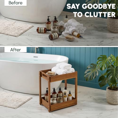 BEEFURNI 2-Tier Corner Standing Acacia Wood Shower Caddy Organizer