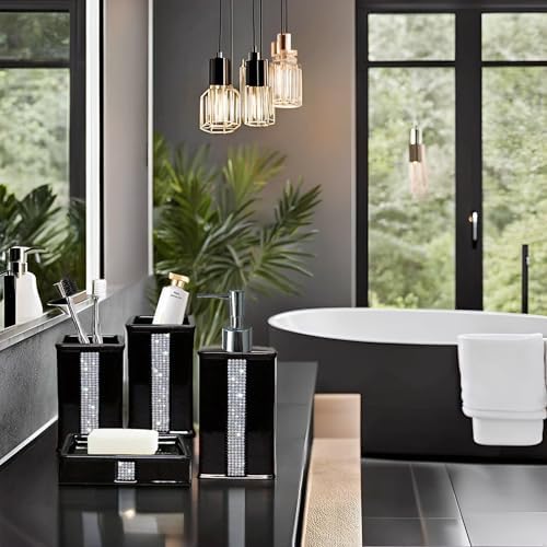 Bath Accessories Sets for Bathroom,Black Bathroom soap Dispenser Set,Ceramic Liquid Dispenser Pump, 2 Tumbler Cup,Soap Dish-Bathroom Home Decor Clearance (12 Ounce Black)