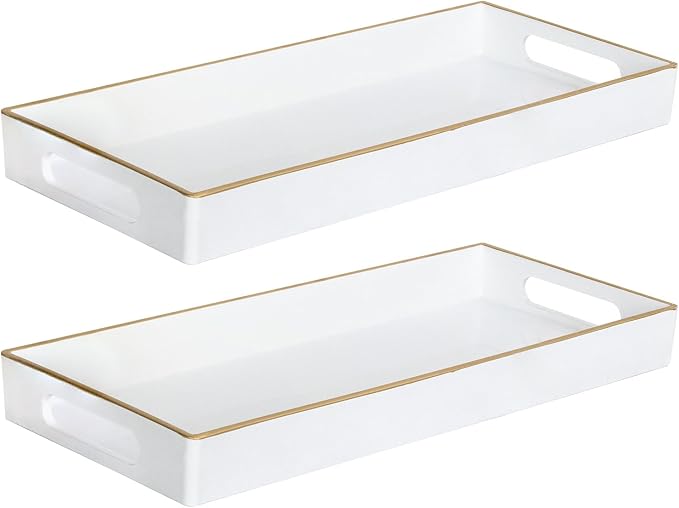 MAONAME White Vanity Tray Set of 2, Plastic Decorative Tray with Handles, Long Narrow Trays, Rectangular Bathroom Trays for Toilet Tank, 13.8" X 6" X 1.57"