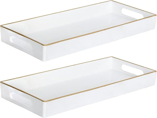 MAONAME White Vanity Tray Set of 2, Plastic Decorative Tray with Handles, Long Narrow Trays, Rectangular Bathroom Trays for Toilet Tank, 13.8" X 6" X 1.57"