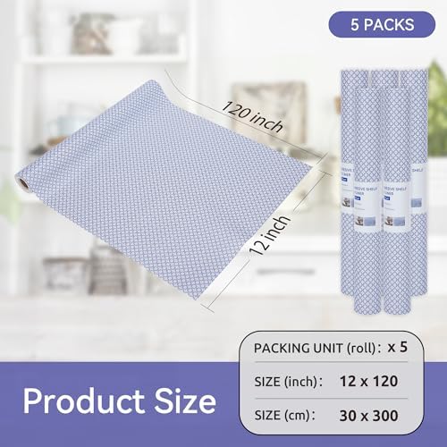 FIFTY FEET 12"x120" Non-Adhesive Shelf Liner for Kitchen Cabinets and Drawers, Washable Non-Slip PVC Cabinet Liner (Blue Circle)(5 Roll)