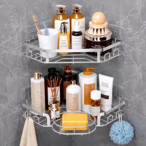 Corner Shower Caddy, Rustproof Shower Organizer with Soap Holder and 8 Hooks, No Drilling Adhesive Shower Shelves for Inside Shower, Large Capacity Shower Rack for Bathroom Shower Storage, Sliver
