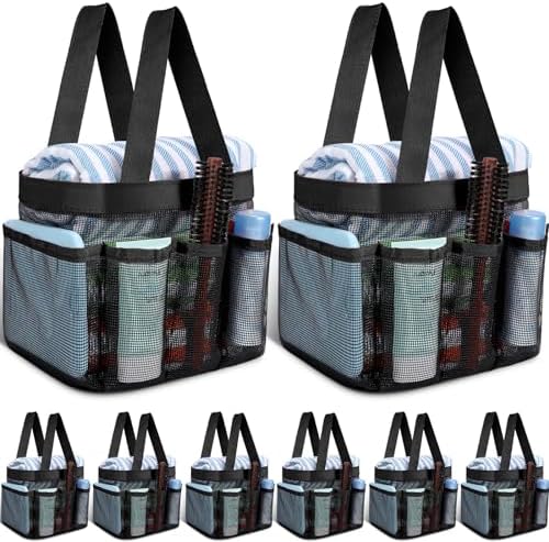 8 Packs Large Mesh Shower Caddy with 8 Pocket and Handle, Black