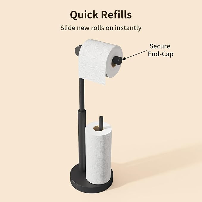 Toilet Paper Holder Stand with Storage & Weighted Base, Matte Black | Free Standing Stainless Steel Design with Open-Ring Arm for Easy Roll Replacement