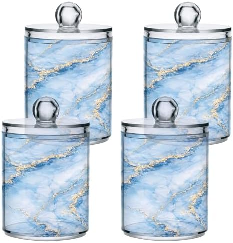 MNSRUU 2 Pack Qtip Holder Organizer Dispenser Sky Blue Marble Bathroom Storage Canister Cotton Ball Holder Bathroom Containers for Cotton Swabs/Pads/Floss