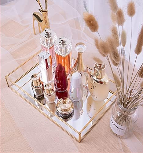Sooyee Gold Rectangle Mirror Tray, Metal and Glass Fragrance Tray, 12"x8"