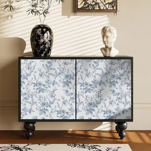 Light Blue Botanical Floral Shelf Liner Contact Paper Peel and Stick Botanical Floral Wallpaper for Walls Bahtroom Bedroom Kitchen Cabinets Dresser Drawer Furniture Arts Carfts Decal 17.7X117 Inches