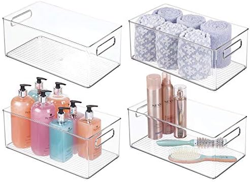 mDesign Plastic Bathroom Storage Container Bins w/ Handles - Closet, Cabinet, Vanity, Cupboard Shelf Organization, Hair Tools Accessory Organizer - Ligne Collection; Clear, 14.6x8.1x6 (Pack of 4)