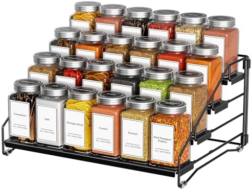 BOIVSHI 4 Tier Spice Rack for Cabinet, Spice Rack Organizer, Depth Adjustable Spice Holder for Countertop, Cupboard, Pantry, Seasoning Shelf, Metal, Black (1 Pack)