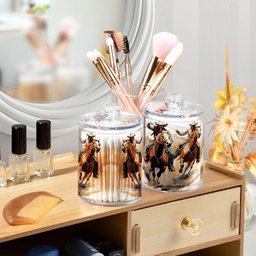 Western Cowboy Portrait Qtip Holder 2 Pack - 10 Oz Clear Plastic Apothecary Jar Set for Bathroom Organization - Versatile Canister Storage for Cotton Balls, Swabs, Rounds