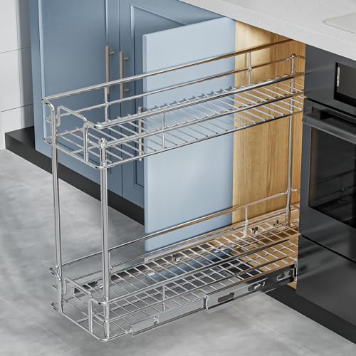 ROOMTEC Pull Out Cabinet Organizer for Narrow Cabinet (8.5" W X 21.5" D), Kitchen Cabinet Organizer and Storage 2-Tier Cabinet Pull Out Shelves Under Cabinet Storage for Kitchen, Chrome