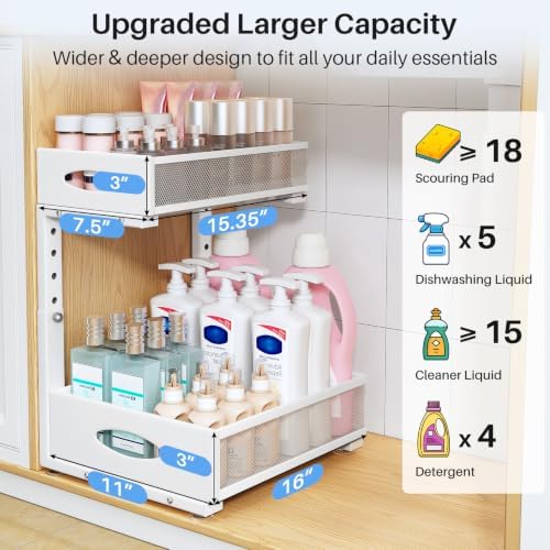 Under Sink Organizer, 2 Tier Pull Out Under Cabinet Organizer Shelf with Pad for Framed Cabinets, Metal Slide Out Under Sink Storage, Mesh Sliding Drawers for Kitchen Bathroom Laundry(White, 1 Pack)