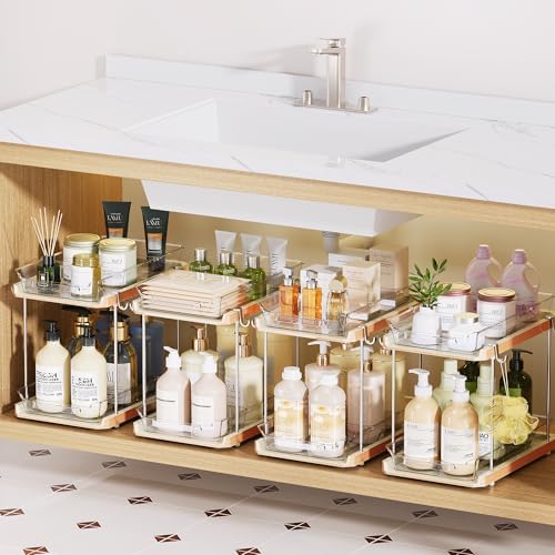 Delamu 2 Tier Under Sink Organizer Bathroom, Bathroom Cabinet Organizer with Snap-Lock Design and Hooks, Pull Out Storage with Movable Dividers, for Countertop, Kitchen and Pantry (White, 4 Pack)