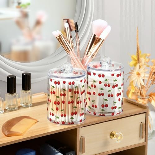 ALAZA 2pcs Red Cherry with Green Leaves Qtip Holder Dispenser 14 oz Bathroom Storage Clear Apothecary Jars Containers Cotton Ball,Cotton Rounds,Floss Picks, Hair Clips, Food