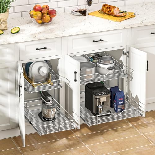 WelFurGeer 2-Tier Kitchen Cabinet Pullout Shelf and Drawer Organizer, Soft Close Pantry Pull Out Shelves, Heavy Duty Pull Out Cabinet Organizer with Shelf Liner for Kitchen Cabinets, Pantry Storage