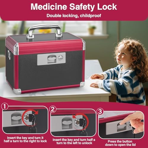 Large Medication Lock Box with Key (13.4"x7.6"x8.2") - Childproof Aluminum Medicine Storage Safe for Prescriptions & First Aid - Secure Portable Pill Organizer for Travel, Home (Black & Red)