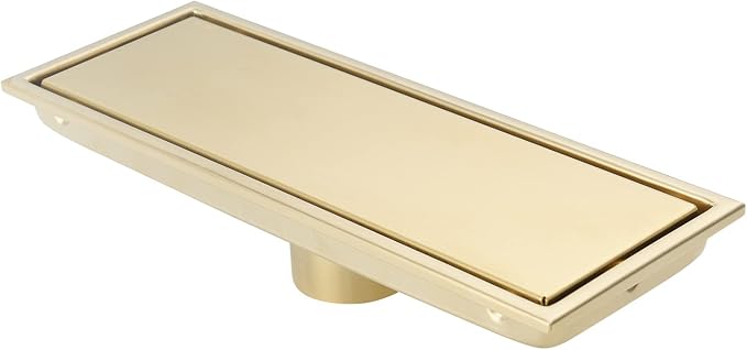Linear Shower Drain Pipe 12 Inches Brushed Gold, with Tile Insert Grille, Detachable Hidden Cover, SUS304 Stainless Steel Rectangular Floor Drain