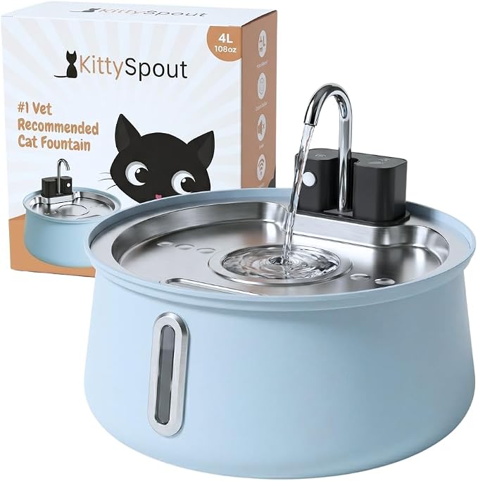 KittySpout 4L Stainless Steel Cat Water Fountain, Cordless Automatic Pet Drinking Dispenser, Quiet Circulating Water Bowl for Cats and Small Dogs, Dishwasher Safe, Indoor Use