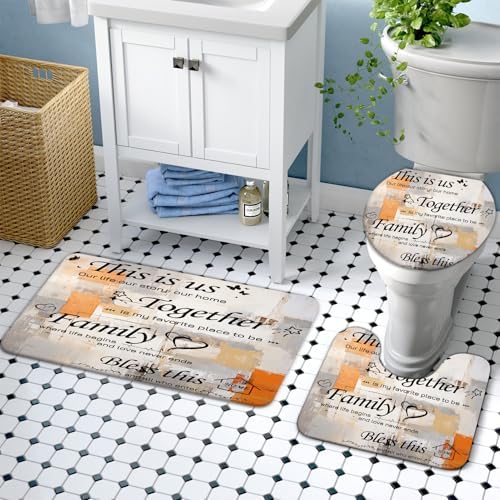 Lnond 4Pcs Shower Curtain Set with Toilet Lid Cover and Non-Slip Rugs for Bathroom,Orange Grey Abstract Motivational Bathroom Sets with Shower Curtain and Rugs