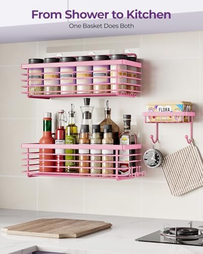 Shower Caddy Adhesive 3 Pack Stainless Steel Storage Organizers-Pink