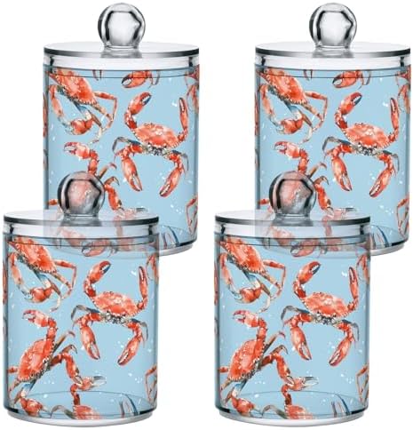 4 Pack Red Crabs on Blue Clear Plastic Jars 10 Oz Apothecary Jars Bathroom Canister for Cotton Ball, Swab, Floss, Makeup Sponges, Hair Clip