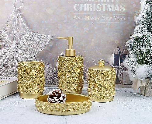 Hymmah Gold Bathroom Accessories Set,Rose Design Bathroom Set,Farmhouse Bathroom Decor,4 Pcs Resin Gift Set Apartment Necessities, Contain Cotton Swab Jar,Soap Dispenser,Soap Dish,Tumbler White