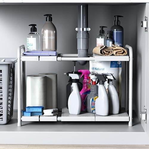 Simple Houseware Under Sink 2-Tier Heavy Duty Expandable Organizer, White