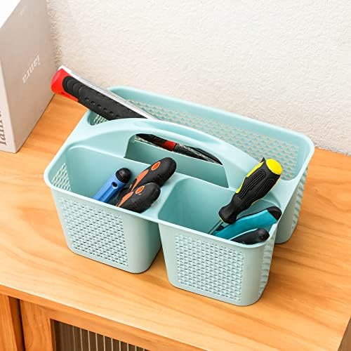 Plastic Portable Shower Caddy Basket with Handle, 3 Compartments, Blue