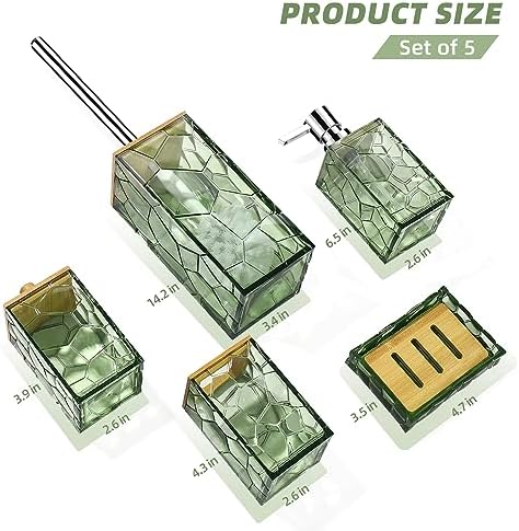 GAHEFY Sage Green Bathroom Accessories Set, Toothbrush Holder, Soap Dispenser, Cotton Swabs Holder, Soap Dish, Toilet Brush with Holder, Boho Bamboo Bathroom Decor,Acrylic (Green)