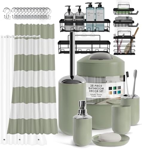Clara Clark Bathroom Accessories Set - Bathroom Set with Adhesive Corner Shower Caddy Hanging, 25PC Bathroom Accessory Set, Sage Green Shower Curtain Set, Toilet Brush, Trash Can & Soap Dispenser