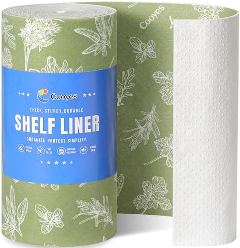 Cooyes Shelf Liner for Refrigerator & Drawer, Non-Adhesive Cabinets Liner for Kitchen Cupboard & Fridge, Breathable Cloth Material, Vegetable-Patterned, 12" x 360", Sage Green