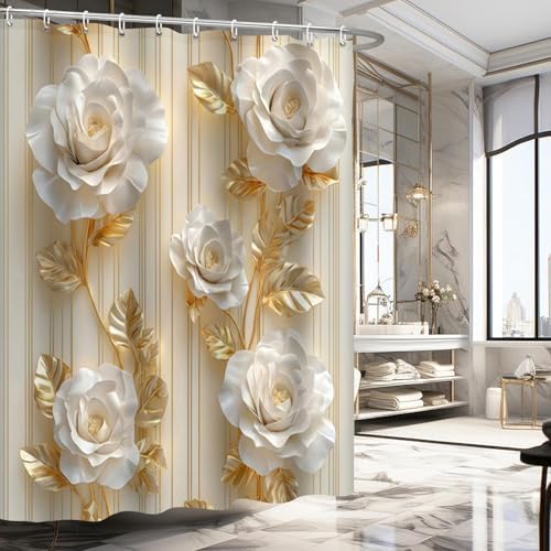 NBVKO 4Pcs Luxury White Rose Shower Curtain Set with 12 Hooks Non-Slip Rugs,Toilet Lid Cover and Bath Mat,Gold Bathroom Decor for Hotel & Home Bathroom